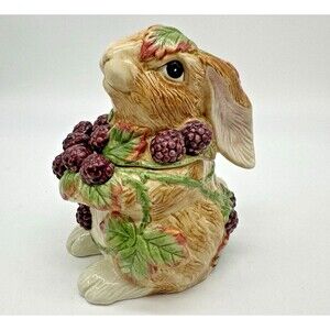 Fitz and Floyd Blackberry Rabbit Sugar Container with lid Tulips Bunny